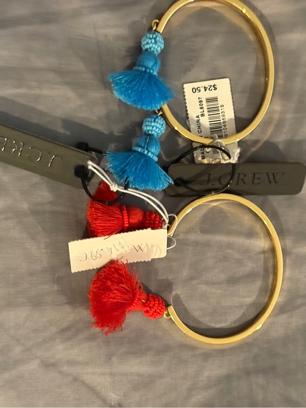 J. Crew Gold Keyring Set with Bright Blue and Bright Red Tassels